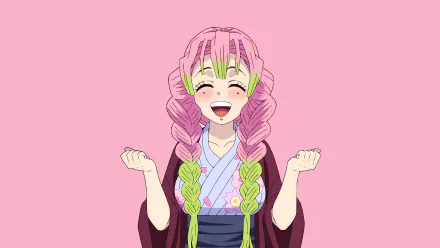 HD wallpaper of Mitsuri Kanroji from the anime Demon Slayer: Kimetsu no Yaiba, featuring her smiling with a pink background.