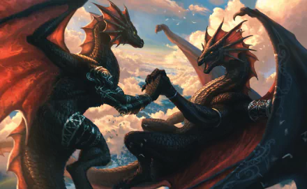 Fantasy-themed HD PC desktop wallpaper featuring two fierce dragons facing each other against a dramatic sky backdrop.