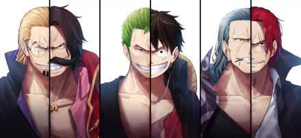 A vibrant HD wallpaper featuring iconic characters from the anime One Piece, displaying their confident expressions and unique styles against a clean background.