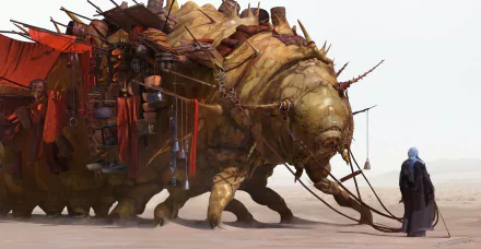 HD wallpaper featuring a massive, armored fantasy creature with multiple legs, adorned with various gear and red banners, being led by a cloaked figure across a desert landscape.