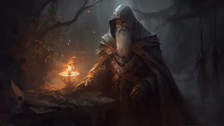 Mystic fantasy digital AI art of a hooded wizard holding a glowing chalice in a foggy forest — artistic 2K Quad HD PC desktop wallpaper.