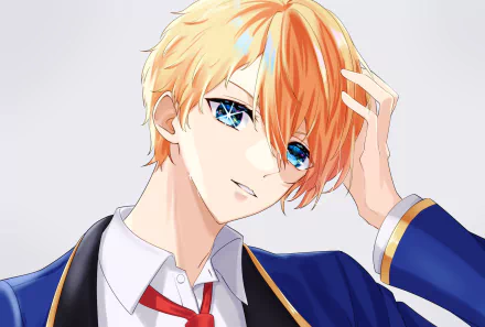 HD PC desktop wallpaper: Aquamarine Hoshino from Oshi no Ko — anime portrait with orange-blond hair, striking blue eyes, wearing a school uniform, hand brushing through hair.