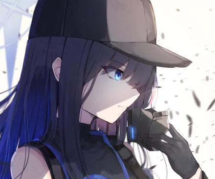 HD PC desktop wallpaper featuring Joumae Saori from the video game Blue Archive, showcasing her with striking blue eyes and a dark cap in a detailed anime style.