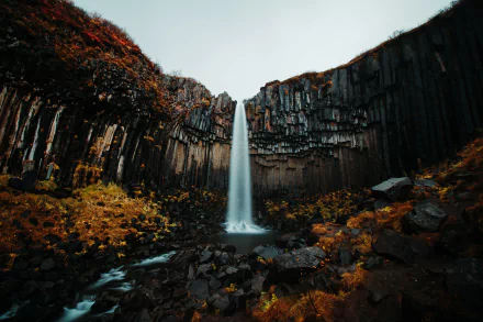 A stunning 4K Ultra HD nature wallpaper showcasing Svartifoss waterfall cascading down basalt columns in a dramatic, rocky Icelandic landscape.