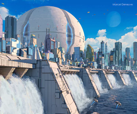 A vibrant 4K Ultra HD sci-fi cityscape featuring futuristic skyscrapers and a massive dome structure by a flowing water barrier under a bright blue sky.