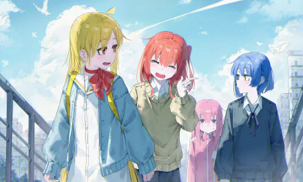 4K Ultra HD anime wallpaper featuring Hitori Gotou, Ikuyo Kita, Ryou Yamada, and Nijika Ijichi from Bocchi the Rock! against a bright, clear sky background.