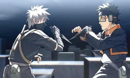 HD PC wallpaper featuring anime characters Obito Uchiha and Kakashi Hatake from Naruto in a dynamic face-off pose.