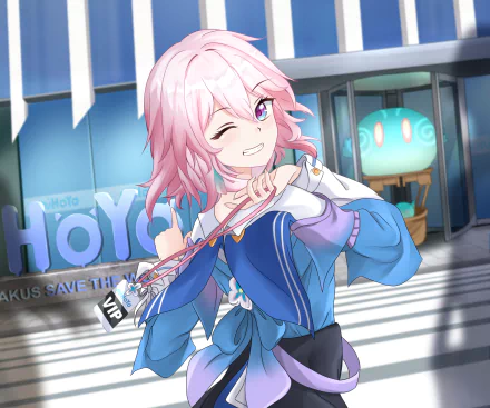 March 7th from Honkai: Star Rail winking and smiling, holding a VIP lanyard, pink hair and blue jacket in front of a futuristic station — HD PC desktop wallpaper/background.