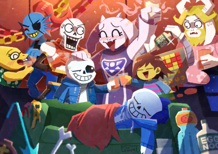Colorful 4K Ultra HD desktop wallpaper featuring Undertale characters Undyne, Papyrus, Sans, Toriel, and Frisk in a lively, animated video game scene.