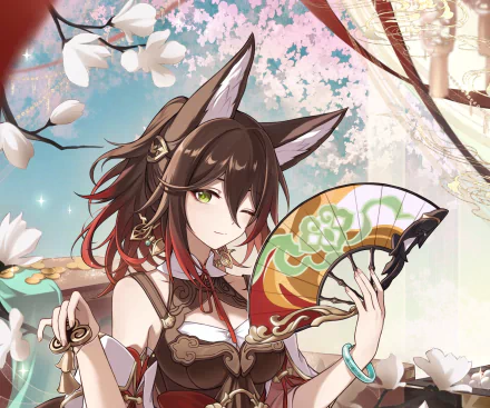 HD PC desktop wallpaper featuring Tingyun from the video game Honkai: Star Rail, showcasing her with fox ears and a decorative fan amid a soft, floral background.