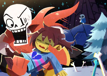 4K Ultra HD Undertale wallpaper featuring Sans, Papyrus, and Frisk in a vibrant, dynamic scene from the video game.