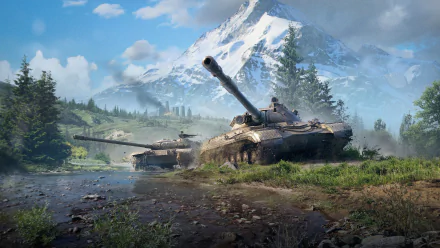 HD PC desktop wallpaper featuring detailed tanks in a lush landscape with mountains, from the video game World of Tanks.