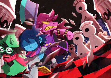 4K Ultra HD PC desktop wallpaper featuring Ralsei, Susie, and Kris from the video game Deltarune in a dynamic action scene with bold colors and sharp details.