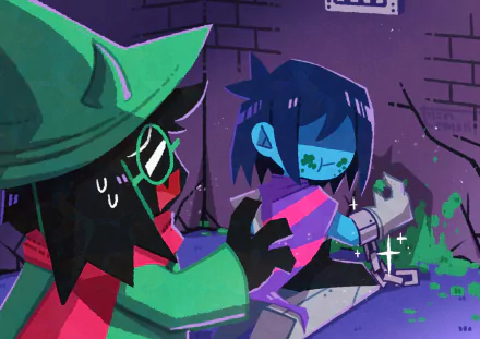 4K Ultra HD wallpaper featuring Ralsei and Kris from the video game Deltarune in a dark, stylized setting.