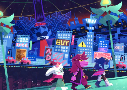 4K Ultra HD desktop wallpaper featuring Ralsei, Susie, and Kris from the video game Deltarune walking through a vibrant cityscape with neon signs and colorful buildings.