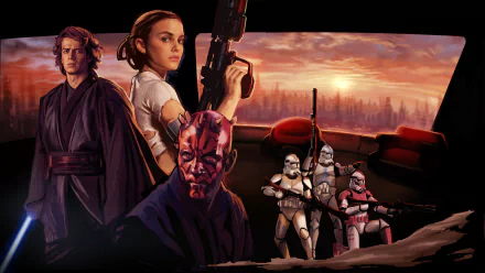 HD Fortnite loading screen wallpaper featuring Star Wars characters Anakin Skywalker, Padmé Amidala, Darth Maul, and clone troopers against a sunset backdrop.