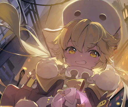 2K Quad HD PC desktop wallpaper of Hook (Honkai Star Rail), video game portrait: warm backlit close-up with golden eyes, fluffy collar and a cheerful smile.