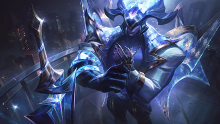 Aatrox from League of Legends depicted in a detailed 4K Ultra HD video game wallpaper, showcasing his armored form with glowing blue and silver accents.