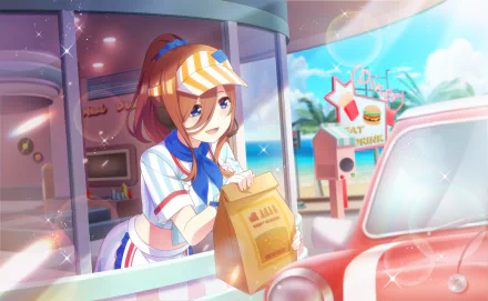 Miku Nakano from The Quintessential Quintuplets serves a meal through a drive-thru window in this vibrant HD anime desktop wallpaper.