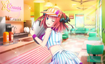 HD PC desktop wallpaper featuring Nino Nakano from the anime The Quintessential Quintuplets, depicted in a colorful retro diner setting with vibrant lighting.