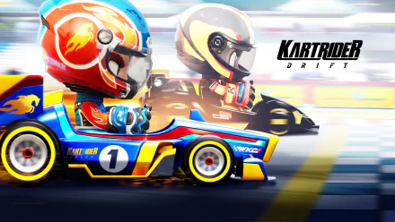 HD desktop wallpaper of KartRider: Drift featuring two racers in vibrant helmets driving colorful go-karts at high speed, conveying a sense of motion and competition.