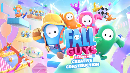 HD desktop wallpaper for Fall Guys Season 4 featuring colorful characters in a vibrant, playful setting with a 'Creative Construction' theme.