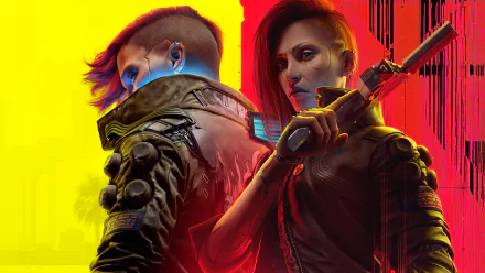 4K Ultra HD Cyberpunk 2077 PC wallpaper featuring two edgy characters with futuristic gear against a vibrant yellow and red background.