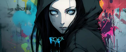 HD cyberpunk anime artwork of a mysterious hooded character with piercing blue eyes, blending AI art style and vibrant background hues.