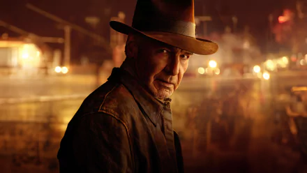 5K Ultra HD PC wallpaper of a fedora‑clad adventurer in a leather jacket, lit by warm night city lights, themed to the movie Indiana Jones and the Dial of Destiny.