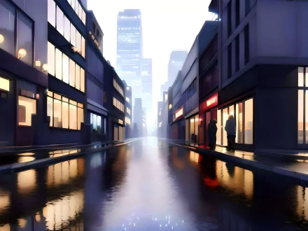 4K Ultra HD anime-style cityscape featuring a reflective waterway flanked by modern buildings under soft lighting, blending AI art with a serene urban landscape ambiance.