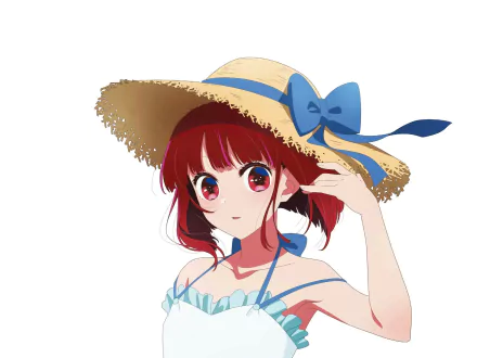 Kana Arima from Oshi no Ko in a vibrant anime style, wearing a straw hat with a blue ribbon, featured as an HD PC desktop wallpaper and background.
