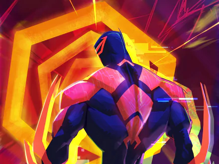 Spider-Man 2099 (Miguel O'Hara) in vibrant 4K Ultra HD wallpaper style, inspired by the movie Spider-Man: Across the Spider-Verse.