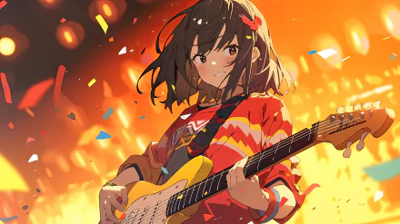 Anime girl guitarist playing electric guitar live, surrounded by vibrant confetti and warm lighting, captured in 8K Ultra HD as a dynamic PC desktop wallpaper.