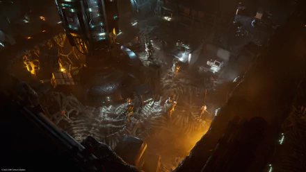 HD desktop wallpaper from the video game Aliens: Dark Descent featuring a dimly lit, detailed industrial scene with futuristic structures.