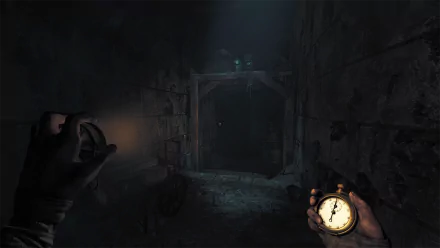 HD desktop wallpaper of Amnesia: The Bunker game showing a first-person view of a dimly lit, eerie underground passage with a hand holding a compass in the foreground.