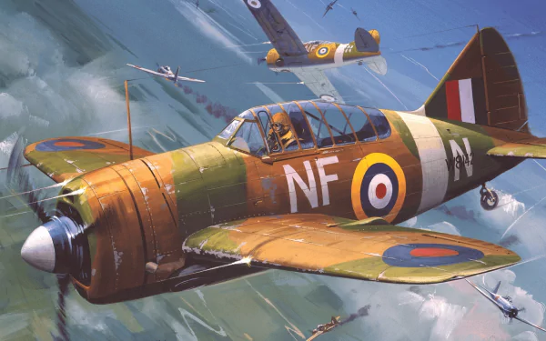 HD desktop wallpaper featuring a military Brewster F2A Buffalo fighter aircraft in flight against a cloudy sky.