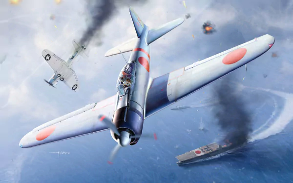 2K Quad HD PC desktop wallpaper: Mitsubishi A6M Zero diving in a WWII naval dogfight, Japanese markings visible as ships burn and black smoke rises over the ocean.