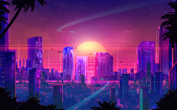 Vibrant synthwave-inspired HD desktop wallpaper featuring an artistic neon cityscape with retro futuristic vibes.