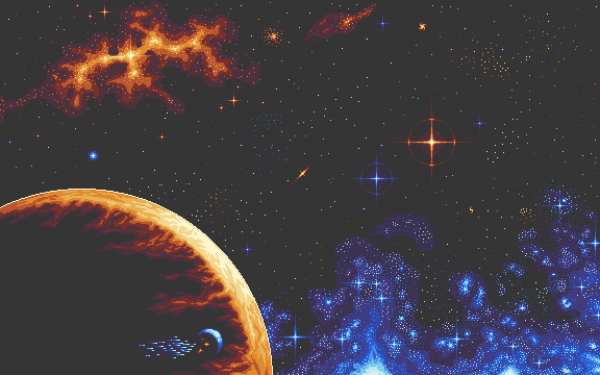 HD pixel art desktop wallpaper featuring an outer space theme with stars, nebulae, and a planet.