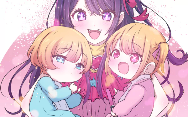 HD PC desktop wallpaper featuring Ai Hoshino and two children from the anime Oshi no Ko in a vibrant, colorful style.