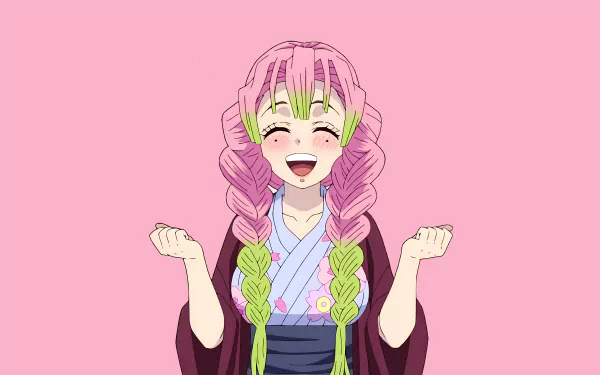 HD wallpaper of Mitsuri Kanroji from the anime Demon Slayer: Kimetsu no Yaiba, featuring her smiling with a pink background.
