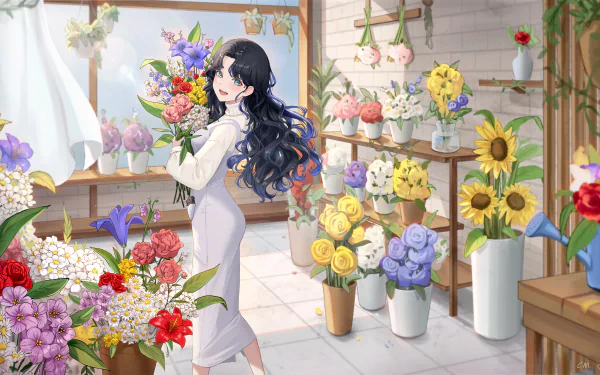Anime girl with long dark hair arranging vibrant flowers in a sunlit flower shop, depicted in 8K Ultra HD as a detailed PC desktop wallpaper.