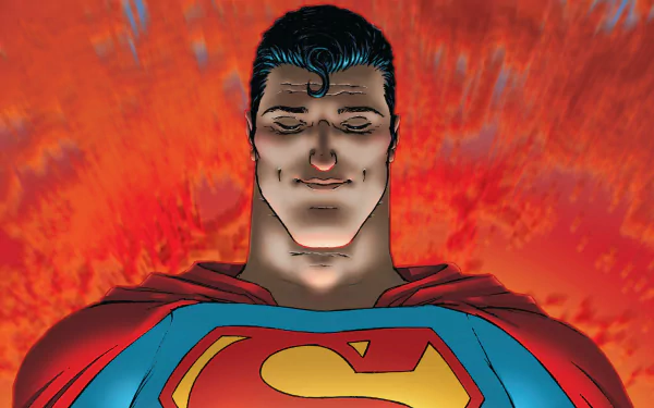 Comic All Star Superman portrait, eyes closed and serene, chest emblem prominent against a fiery red backdrop — HD PC desktop wallpaper and background.