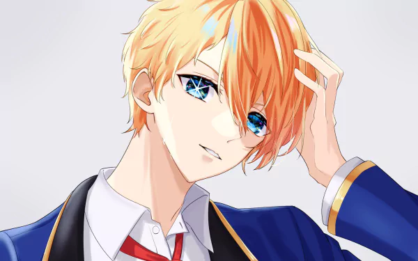 HD PC desktop wallpaper: Aquamarine Hoshino from Oshi no Ko — anime portrait with orange-blond hair, striking blue eyes, wearing a school uniform, hand brushing through hair.