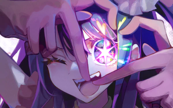 HD PC desktop wallpaper featuring Ai Hoshino from the anime Oshi no Ko, with vibrant colors and dynamic framing highlighting her expressive face.