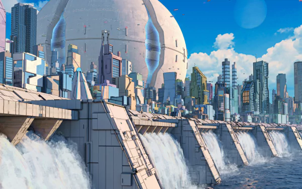 A vibrant 4K Ultra HD sci-fi cityscape featuring futuristic skyscrapers and a massive dome structure by a flowing water barrier under a bright blue sky.