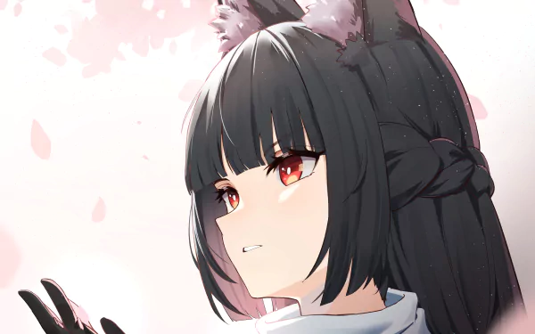 Miyabi from Zenless Zone Zero is depicted in a detailed 4K Ultra HD video game wallpaper, featuring her dark hair, red eyes, and fox-like ears against a soft background.