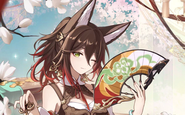 HD PC desktop wallpaper featuring Tingyun from the video game Honkai: Star Rail, showcasing her with fox ears and a decorative fan amid a soft, floral background.