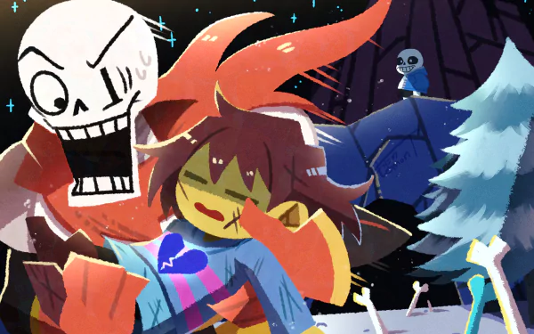 4K Ultra HD Undertale wallpaper featuring Sans, Papyrus, and Frisk in a vibrant, dynamic scene from the video game.