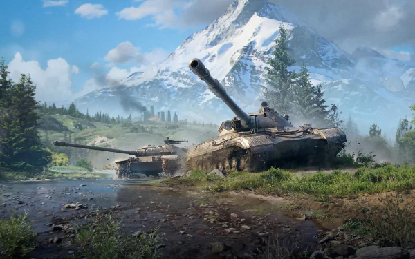 HD PC desktop wallpaper featuring detailed tanks in a lush landscape with mountains, from the video game World of Tanks.